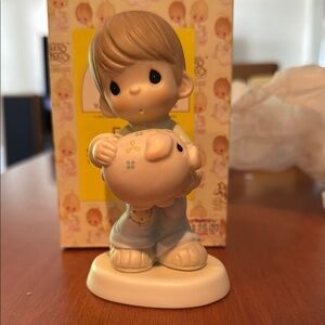 Precious Moments Boy with Piggy Bank Figurine - Cream and Tan